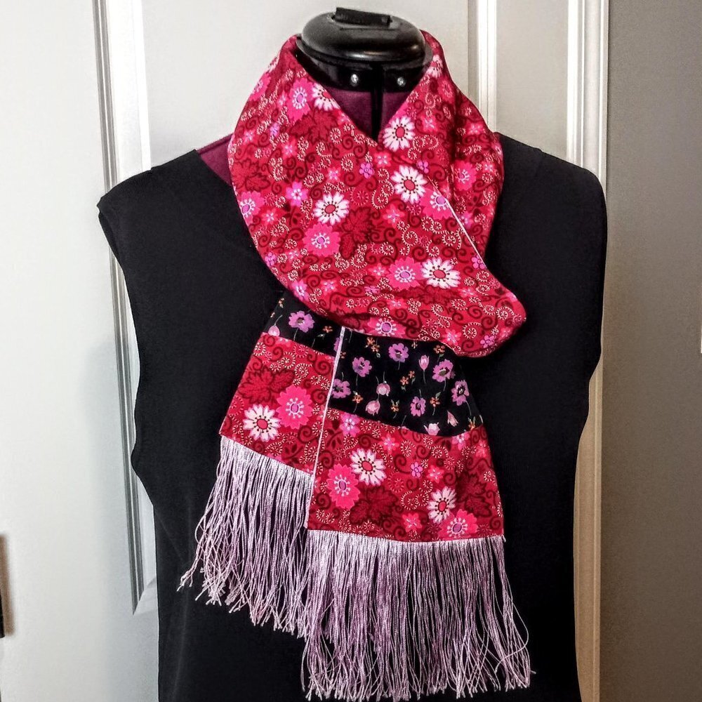 Red Pink Black Floral Fringed Oblong Scarf